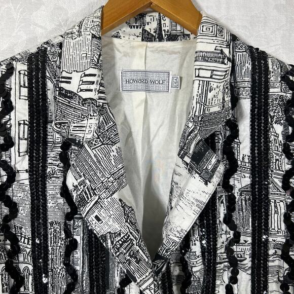 Howard Wolf Vintage Blazer 16 Black White City Scape Sequins Art to Wear Lined - Picture 7 of 16